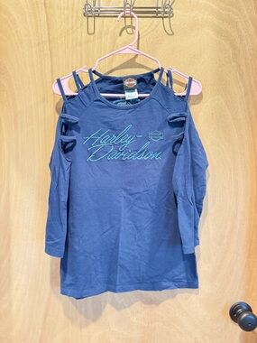 Harley-Davidson Navy Long Sleeve Cold-Shoulder Top with Teal Script